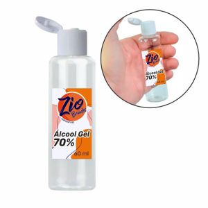 Frasco de Álcool Gel - FRS1 Frasco de 60 ml pet de rosca, oval transparente, tampa flip flop, Acompanha 60ml de Álcool gel 70%. Personalização em etiqueta colorida 4x0!